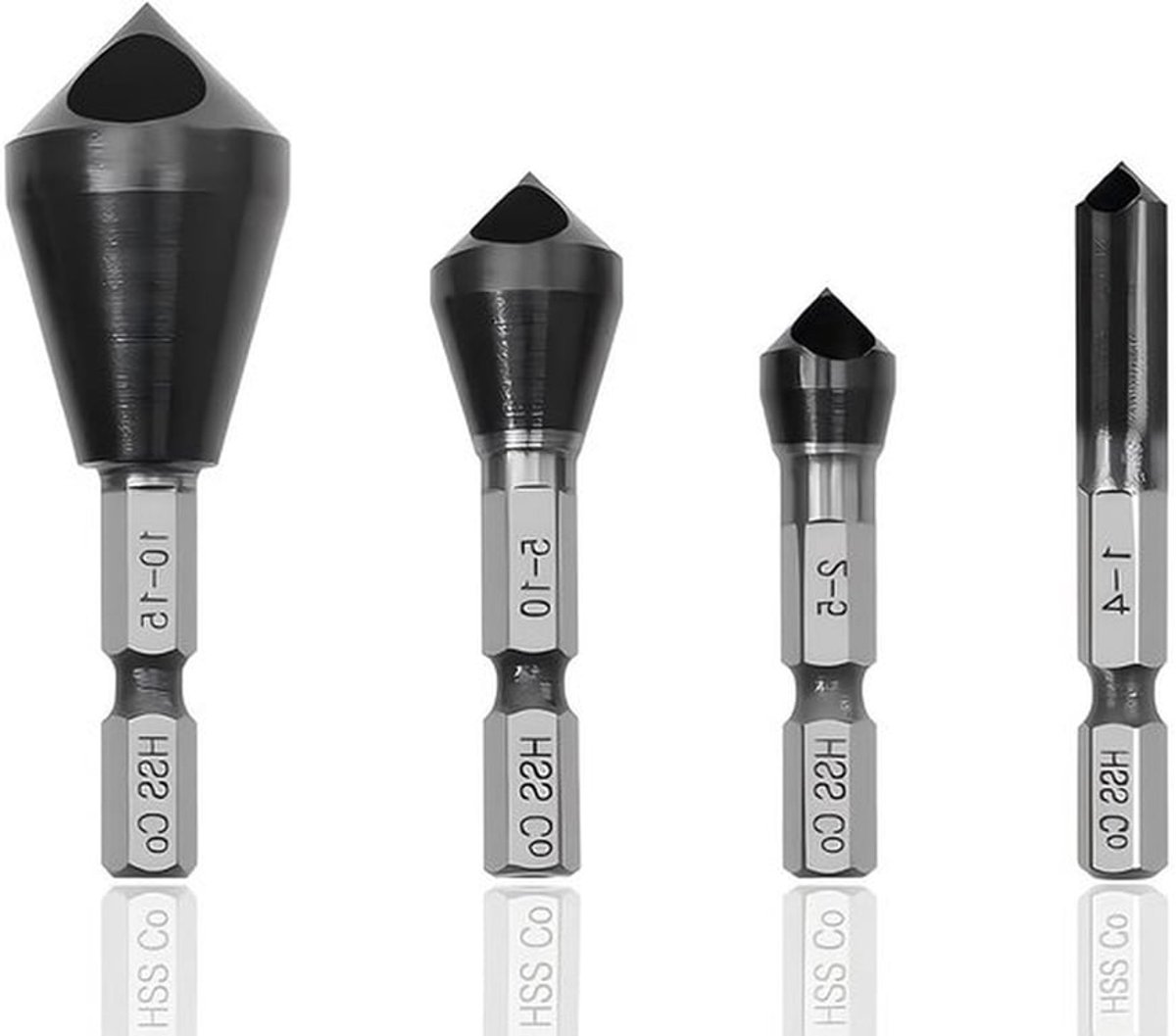 Set van 4 conische verzinkers, 90 graden, titanium gecoat, voor hout, metaal en kunststof, perfect voor ontbramen en verzinken