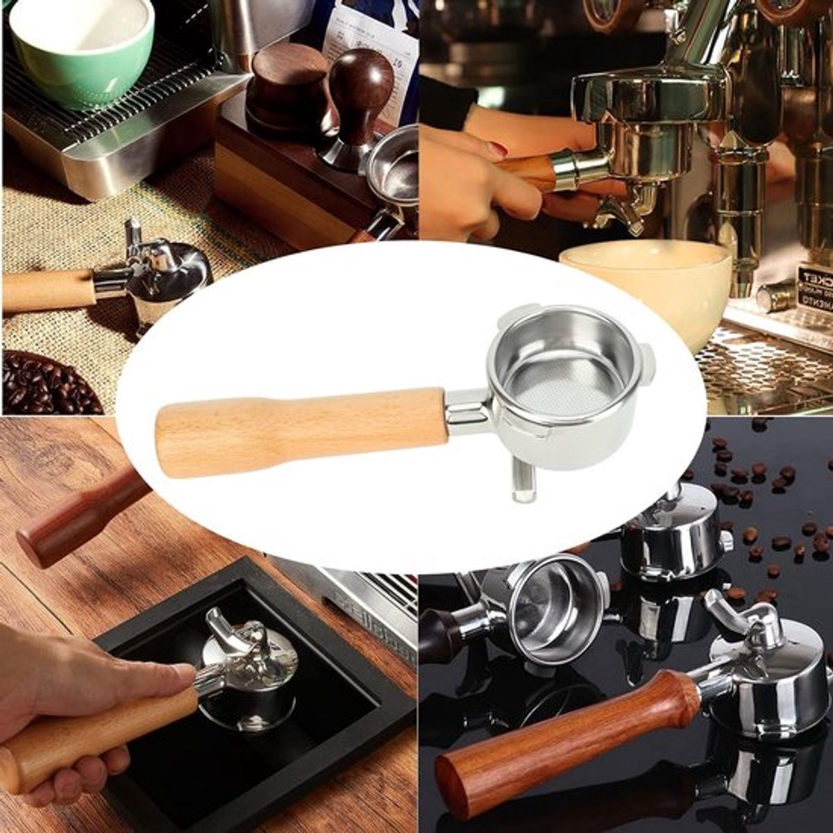 Espresso bodemloze porta-filter 54mm met dubbele uitloop, RVS koffiefilter met houten handvat en filtermand voor 870 880, 8 Series, perfect voor espresso liefhebbers en barista-accessoires