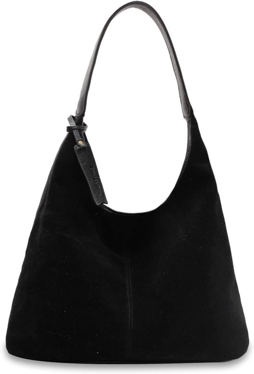 Dames Suède Schoudertas Retro Casual Tote Bag met Label - Mode Handtas voor Winkelen, Werk en Reizen - Zwart