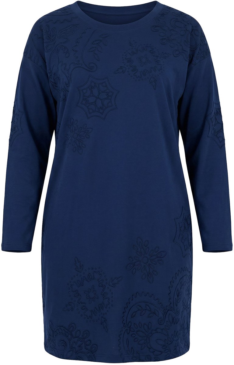 Ulla Popken - Dames - Sweatjurk flockprint ronde hals lange mouwen - Inktblauw - Maat 46+