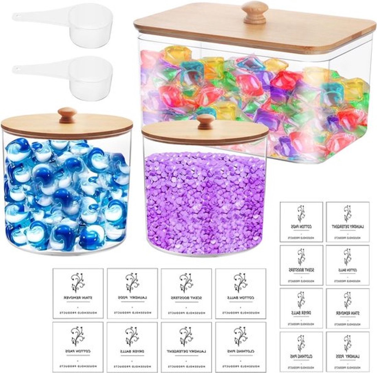 Set van 3 Waspoedercontainers met Deksel, Luchtdichte Opbergbakken voor Wasmiddel, Inclusief 16 Stickers en 2 Scheppen voor Waspads en Badbommen