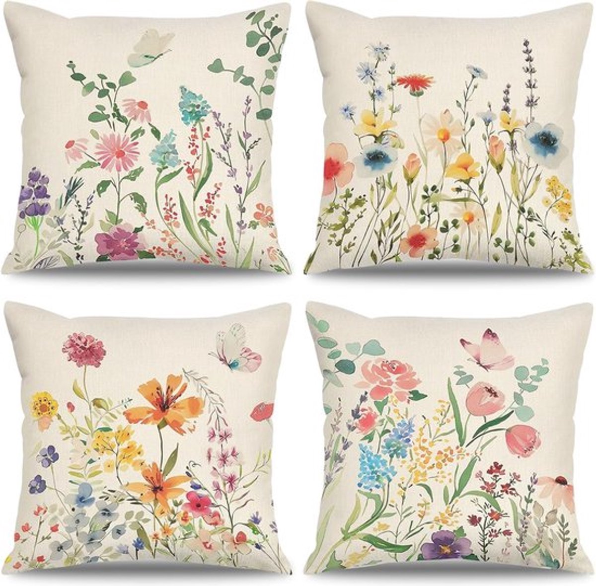 Set van 4 Decoratieve Kussenhoezen 45x45 cm met Boho Bloemen en Vlinders voor Tuin en Woonkamer