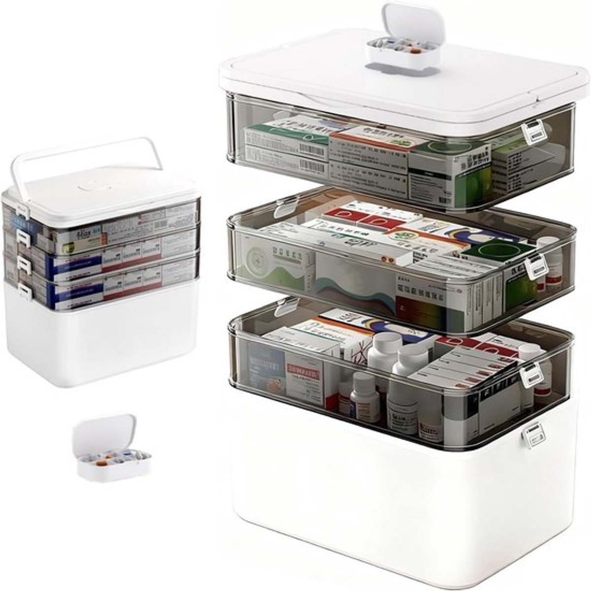 Medicijnopslag met 4 Niveaus en Pillenhouder, 30x16.5x27.5cm, Organizer voor Thuis, School en Kantoor, Lege EHBO-doos voor Medicijnen en Eerste Hulp