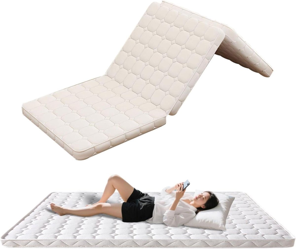 Opvouwbare Matras - Futonmatras Vloerbed - Logeren en Reizen - Natuurlijke Materialen - 6 cm dik - Wit