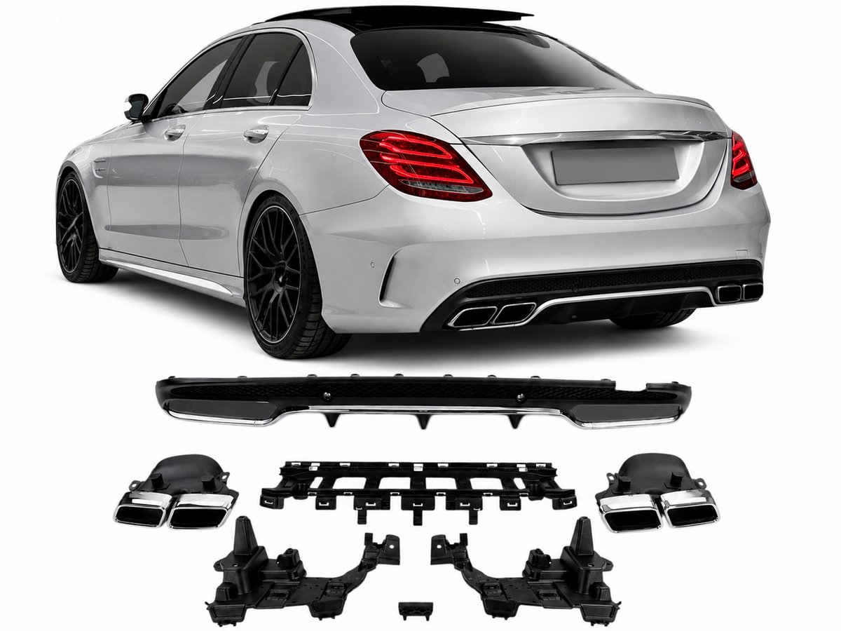 Achterdiffuser Geschikt voor Mercedes-Benz C-Klasse W205 Sedan & Break (2014-2021) – Mat Zwart met Chrome Uitlaatstukken