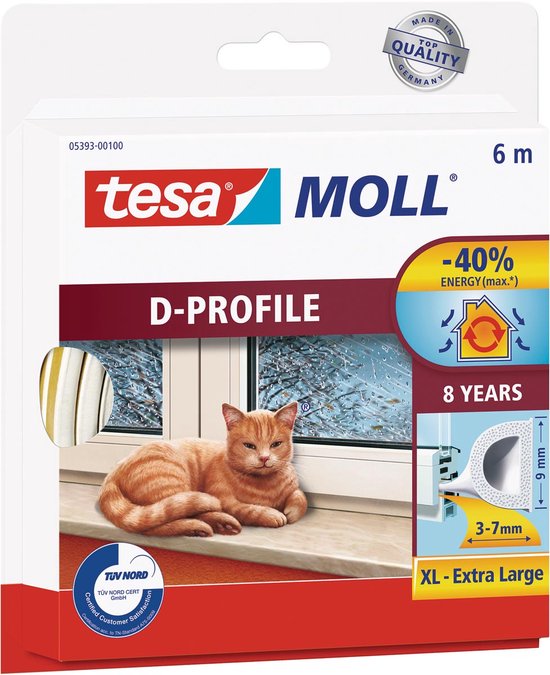 Tesa Moll D-profiel tochtstrip van 6 meter, wit, XL - Extra Large, 9mm dik, met een schuimrubberen profiel.