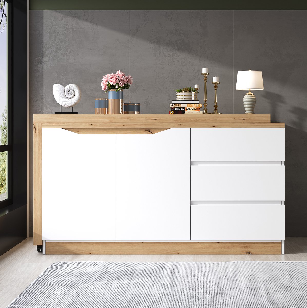 FloraGrace Bureau – Opklapbaar Hoekbureau Met Wielen En Opbergruimte – Wit En Eikenlook – Spaanplaat – 120x50x78 Cm