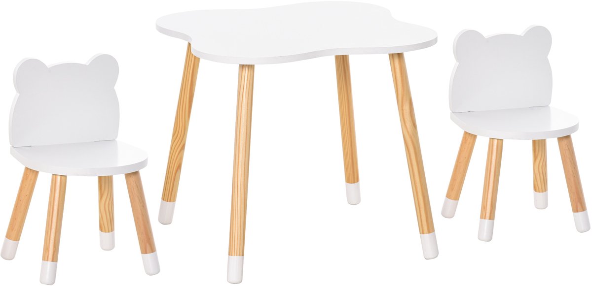Set tafel en stoelen voor kinderen, Scandinavisch design, grenenhout, wit | Beermotief, MDF
