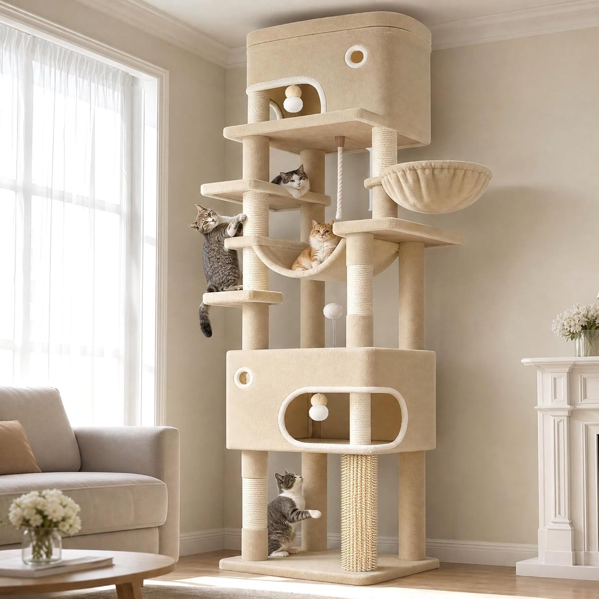 Hzuaneri Kattenkrabpaal, 203 cm Meerlaagse Kattenboom met Groot Platform, 2 Grotten, 7 Sisalpalen, Pompons, Kattenmand, Hangmat, Geschikt voor Katten van Alle Groottes, Beige,60 x 50 x 203 cm
