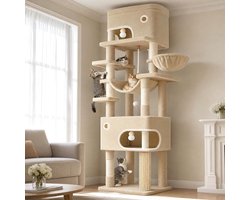 HILINSIE Kattenkrabpaal, 203 cm Meerlaagse Kattenboom met Groot Platform, 2 Grotten, 7 Sisalpalen, Pompons, Kattenmand, Hangmat, Geschikt voor Katten van Alle Groottes, Beige,60 x 50 x 203 cm
