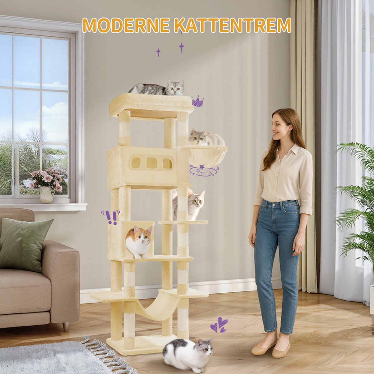 Hzuaneri Krabpaal groot, 170 cm, kattentoren voor maine-kat, grote kat, meerlaagse krabpaal met grote zitstang, wasbare mat, kattenhuismeubel met 2 holletjes, 8 krabbomen, Beige thumbnail 2
