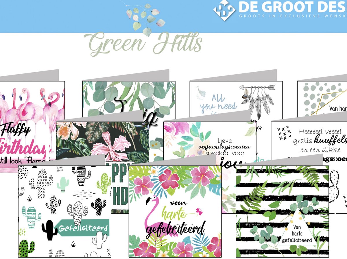 Green Hills 15x15 cm complete serie inclusief display in bruikleen, topkaart en backcards