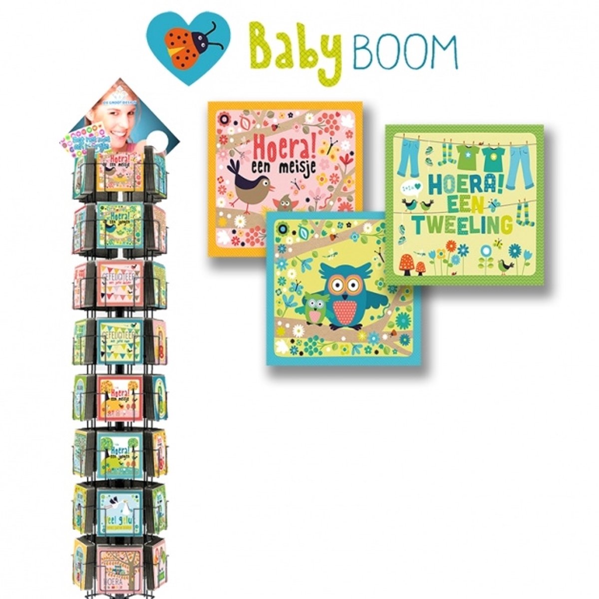 BabyBoom 15x15 cm - complete serie 40x6 stuks, inclusief display in bruikleen, topkaart en backcards