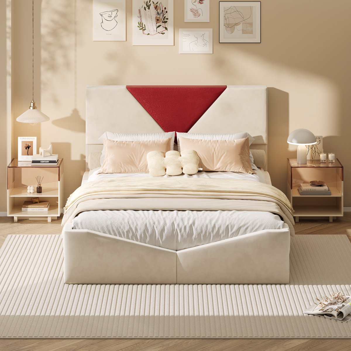 Tweepersoonsbed 160x200 cm,Gestoffeerd， fluwelen bed met 4 lades en houten lattenbodem, beige, zonder matras