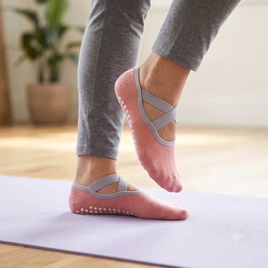 Roze antislip pilates sokken dames ademende ballet sokken met kruiselastiek siliconen antislip zool lage sport sokken voor yoga pilates barre dans fitness en vloeroefeningen maat 36-40 — afbeelding 4