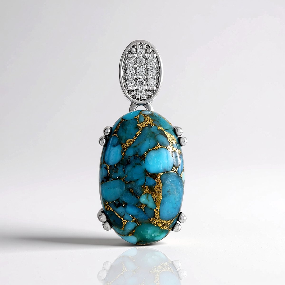 Cavill - Geplaatineerde Zilveren Hanger - 6,13 ct Blauwe Mohave Koper Turkoois Ovaal Cabochon - 0,08 ct Tanzanische Zirkonia - Elegant Sieraad
