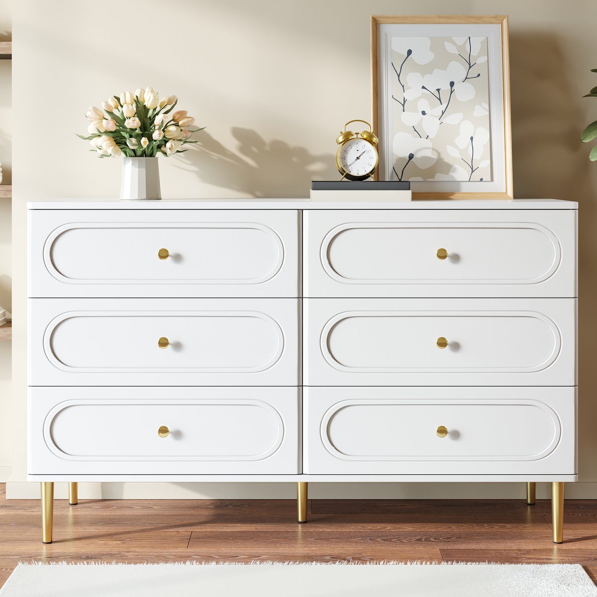 VVBV Ladekast - 120 x 40 x 75 cm, Wit, met 6 Lades, Metalen Poten, MDF & Spaanplaat, Veel Opbergruimte