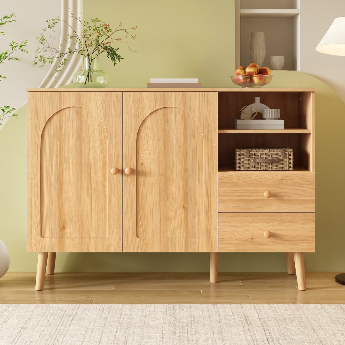 VVBV Dressoir - 118 x 35 x 82 cm, Naturel, met 2 Lades en 2 Deuren, MDF & Spaanplaat, Veel Opbergruimte