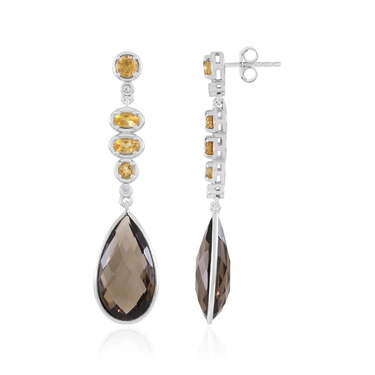 Cavill - Lange Oorbellen 925 Sterling Zilver Verguld - Rookkwarts & Citrien Druppelvormig - Braziliaanse Edelstenen - Stijlvol & Elegant