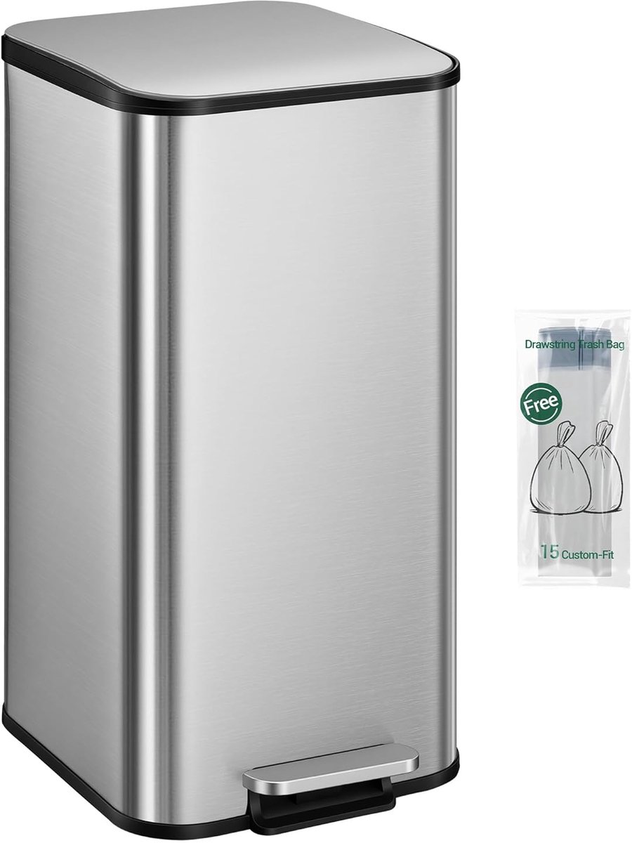 Hzuaneri Keukenafvalemmer, 40-liter pedaalemmer met soft-close deksel en binnenemmer, inclusief 15 vuilniszakken, zilverkleurig