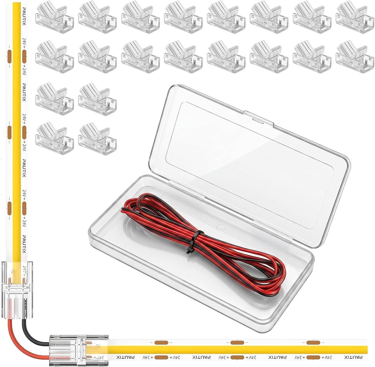 COB 2-polige 8 mm ledstrip-connectorset met 300 cm verlengkabel, 20 herbruikbare lichtconnectoren voor 5V, 12V, 24V LED-strips, eenvoudig te installeren zonder solderen