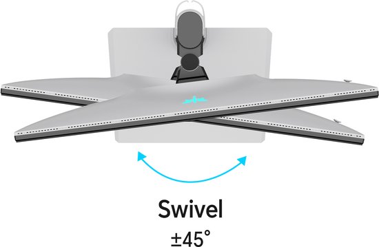 Monitor gezien van bovenaf, met de standaard in een zwenkbare positie van ±45 graden. De monitor is zilverkleurig met een zwarte hals.