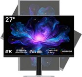 27-inch, 2K QHD gaming monitor met 210Hz en 1ms reactietijd. Het scherm toont een grote, paarse en blauwe bloem met gouden accenten. Ernaast staat de tekst 27", 2K, 210Hz, 1ms, FreeSync, G-Sync, HDR400.