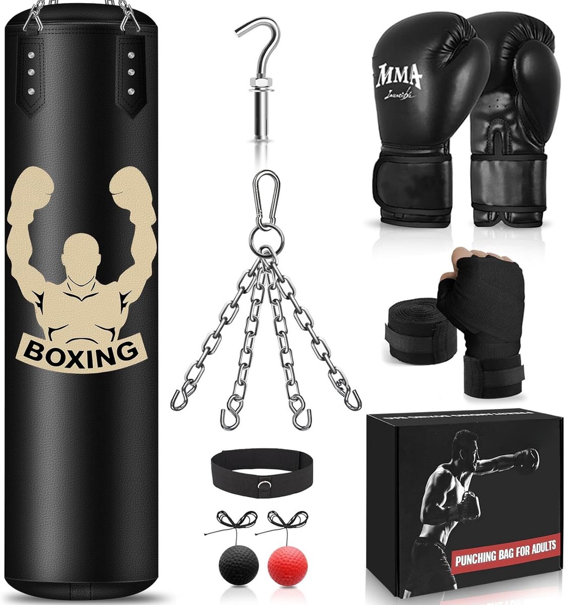 Zware bokszakset voor volwassenen - 4FT ongevulde schopzak, reflexbal, MMA-handschoenen en bokstrainingsapparatuur voor karate, kickboksen en Muay Thai training