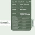 Tabel met specificaties voor het "Semmi" sierkussen, met kenmerken zoals "Supersoft - Geweven Teddy" en onderhoudsinstructies.