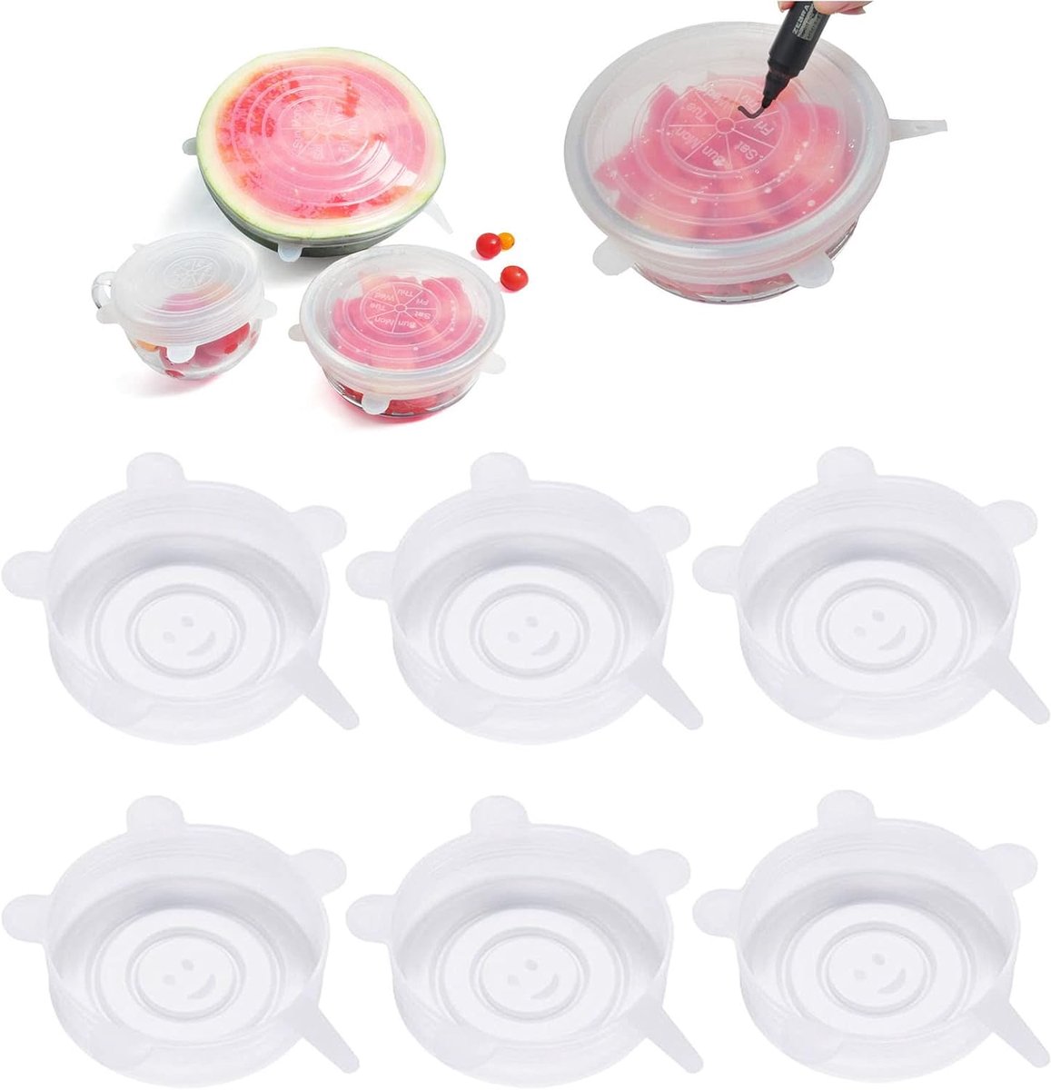 SnelShoppen - Pack van 6 Siliconen Deksel, 9.5cm, Transparant, BPA Vrij, Herbruikbaar, Rekbaar, Universeel, Vaatwasser en Magnetron Bestendig, Houdt V