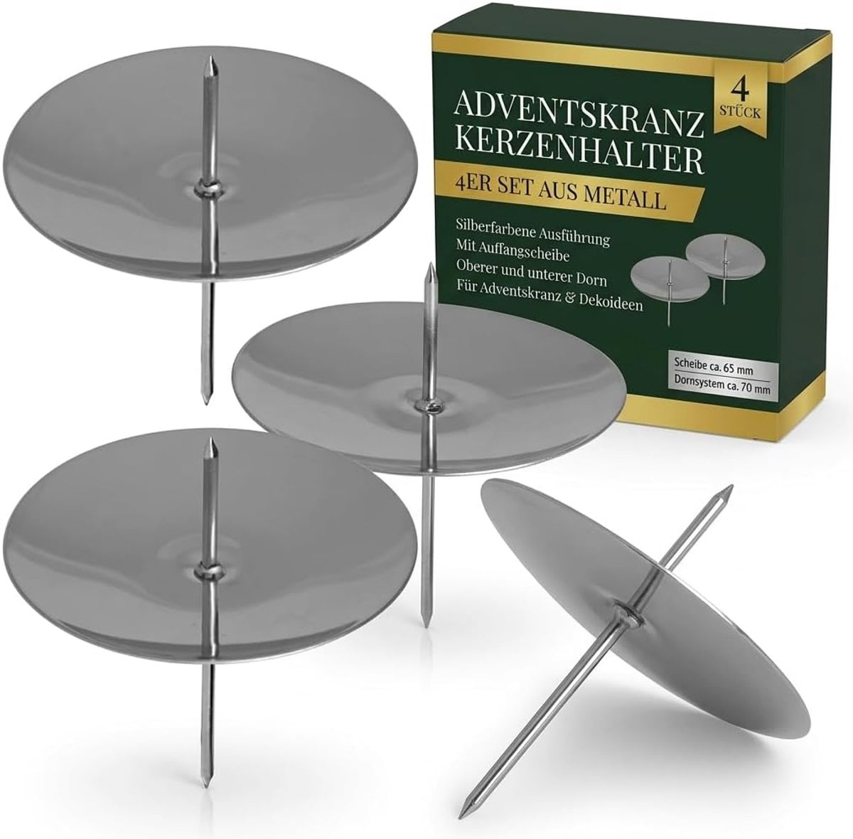 SnelShoppen - 4-delige Kaarsenhouder Set voor Adventskrans van Metaal, Advent Kaarsenhouder met Pin, Plaat Diameter 65 mm, Zilver, Perfect voor Kerst