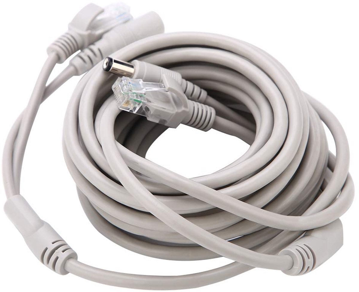 SnelShoppen - Cat 5 AHD Video Power Kabel 15m voor IP Camera's NVR Systeem, 10Mbps/100Mbps RJ45 + DC Voeding, Wit