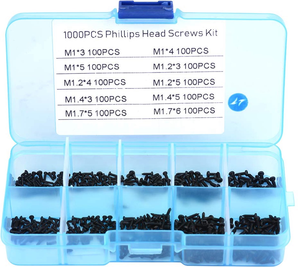 SnelShoppen - Schroeven, Platte Kop Zelftappende Schroeven 1000st Kleine Schroeven Kruiskop M1 M1.2 M1.4 M1.7 RVS Schroeven Assortiment Zwart voor Klu
