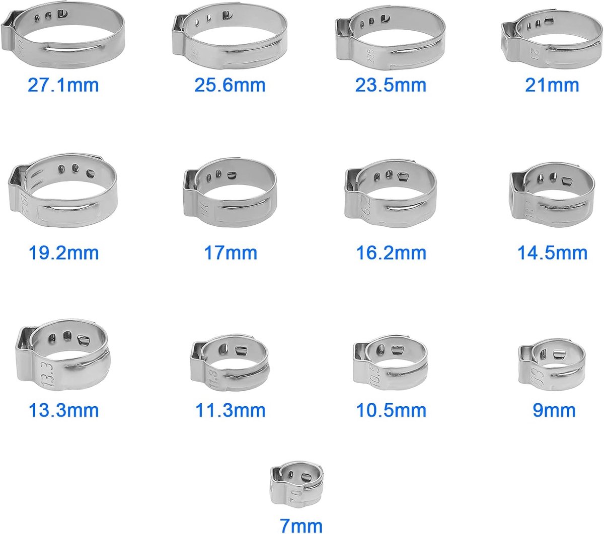 SnelShoppen - 180 Stuks 7-27,2mm Eén Oor Slangklemmen, 304 RVS Stepless Slangklem Set, Slangklemmen, Pijp Klem Cinch Ringen Brandstoflijn Clip, 13 Mat