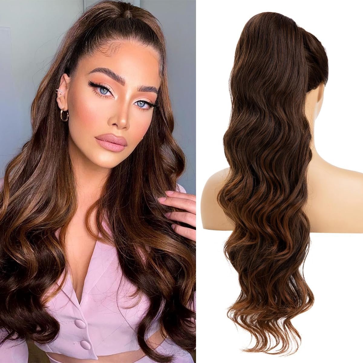 SnelShoppen - Ponytail Haarstuk Clip Extensions met Drawstring - Lange Golvende Zwarte Haar met Bruine Highlights - Natuurlijke Pruik voor Afro Krulle