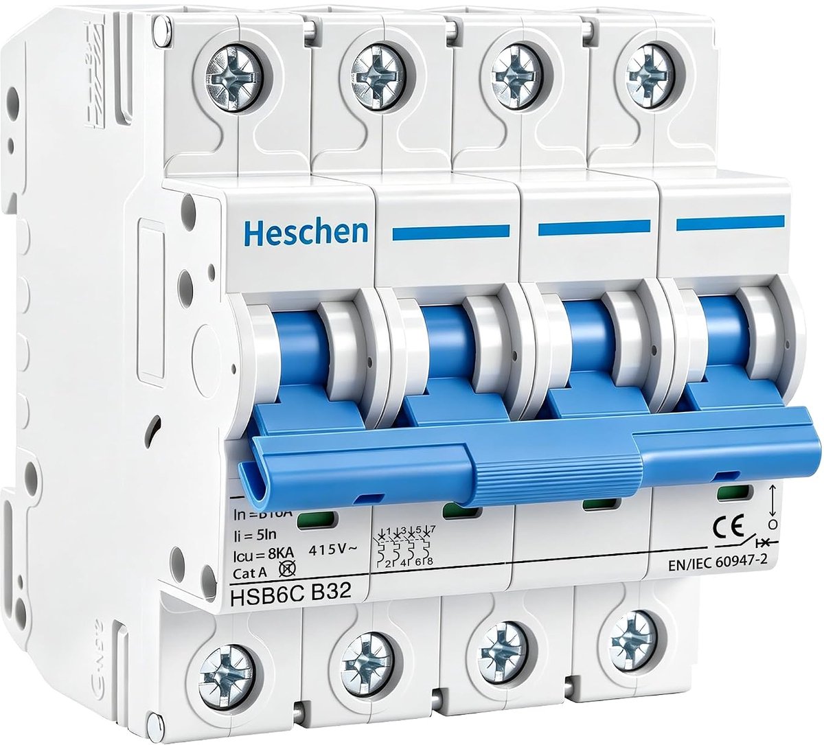 SnelShoppen - Miniatuur Automaten HSB6C 32Amp, 4 Polige Stroomonderbreker Type B, 6kA Onderbrekingscapaciteit, DIN Rail Montage