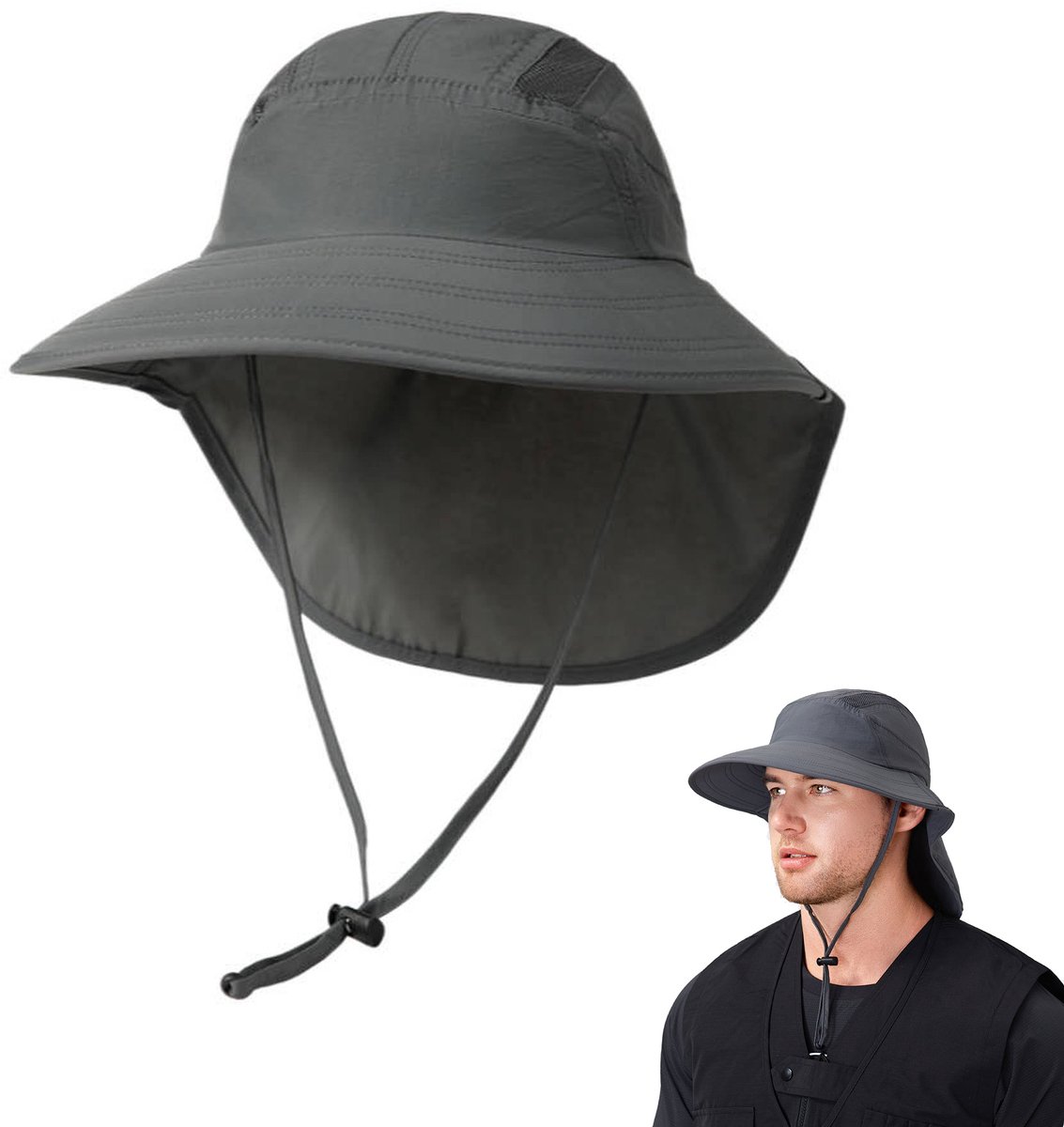 Zonnehoed Heren - Vissershoed met Nekbescherming - UV Outdoor Hoed - Safari Hoed voor Wandelen, Vissen, Camping en Trekking - Donkergrijs - M 56-58 cm