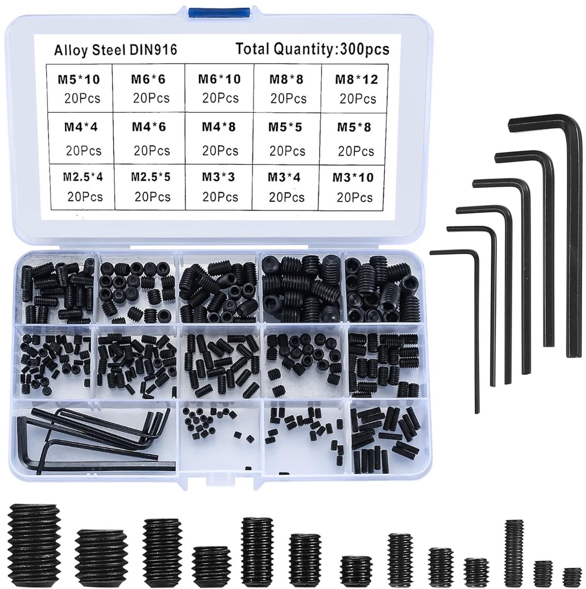 SnelShoppen - 300 Set Mofschroeven, Inbusschroeven Assortiment Kit M2.5/M3/M4/M5/M6/M8, Hoogwaardige Koolstofstaal met Inbussleutel - Zwart