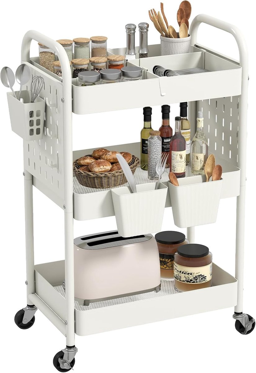 3-laagse metalen serveertrolley met compartimenten en pinplaten, multifunctionele keukentrolley met wielen voor woonkamer, badkamer en knutselprojecten, inclusief haken en hangbekers