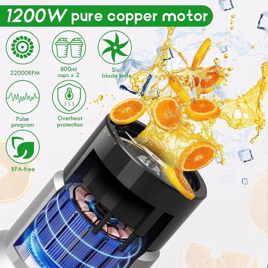 Draagbare Blender - Smoothie Maker - Snelle Smoothies Maken - 1200W Krachtige Motor - 2x 800ml Cups - Zilver — afbeelding 5