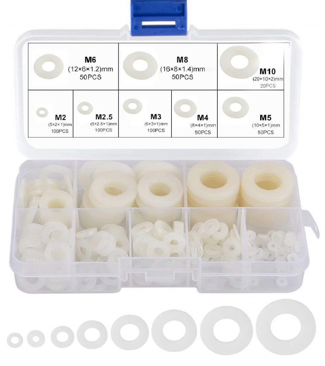 longziming -Nylon Ringen Set – Kunststof Sluitringen – Pakking Ringen – M2–M10 – Assortiment – Inclusief Opbergdoos – Wit – 520-delig