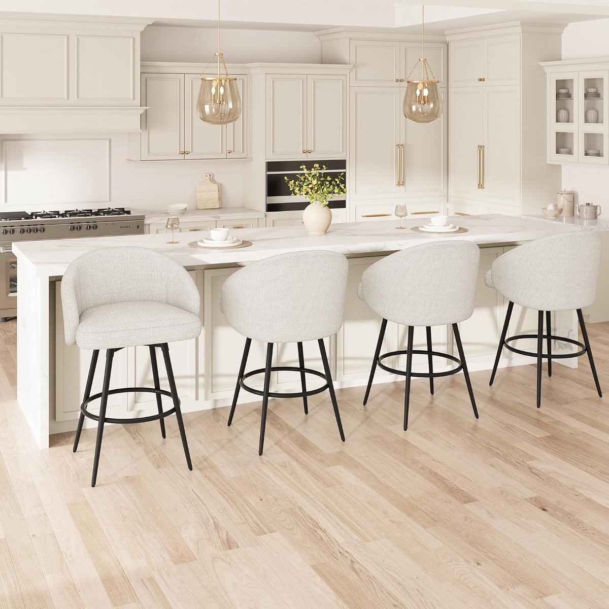 65 cm 360° draaibare barkrukken set van 4, beige linnen, voor keukeneiland | Ergonomische barkrukken met rugleuning, stevig metalen frame en voetsteun