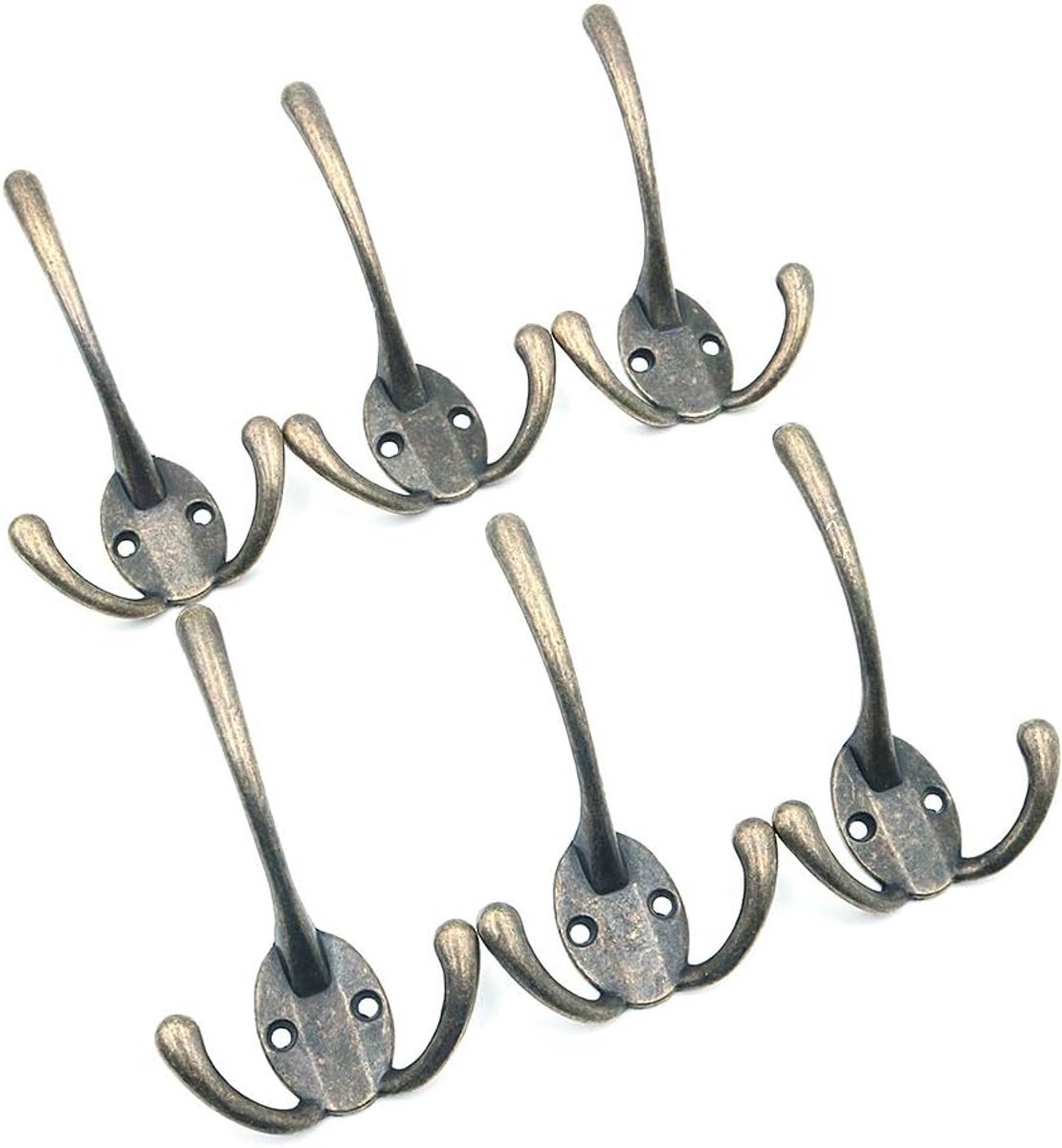 SnelShoppen - 6 Pack Zware Dubbele Muurhaken met Schroeven, Retro Drie Haken Utility Haken voor Sjaal, Handdoek, Sleutel, Hoed (Groen Brons)