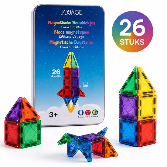 Joyage magnetische bouwblokken, 26 stuks in travel editie. Bouw een raket, huisjes en een hond met de transparante, gekleurde blokken.