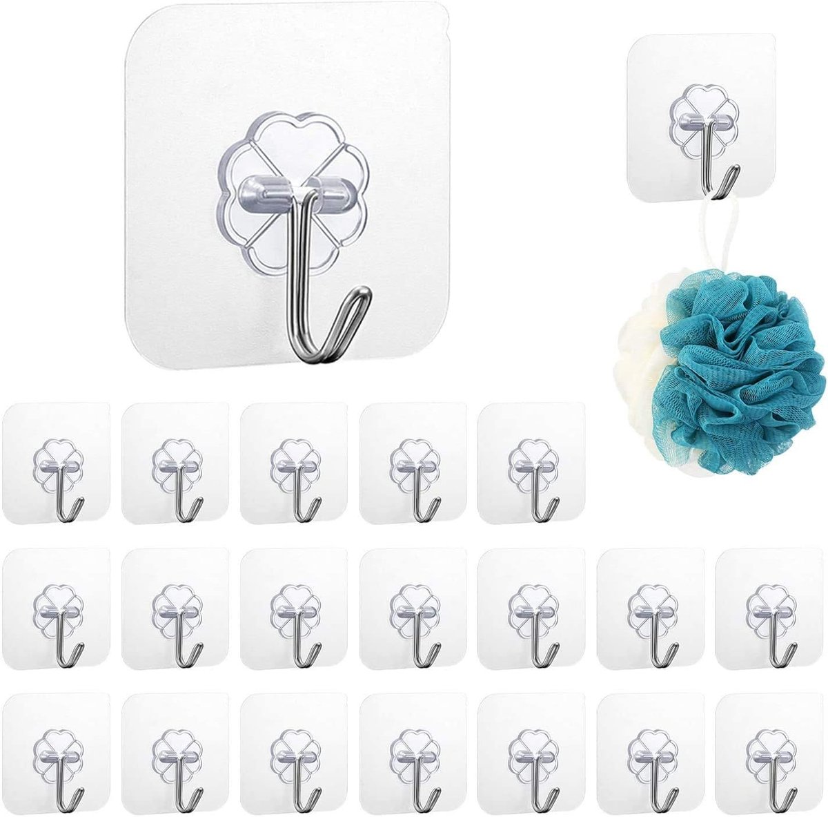 SnelShoppen - 20 Stuks Zelfklevende Haakjes Kunststof Naadloze Wandhaakjes voor Keuken, Badkamer, Kantoor 7x7cm - Transparant, Makkelijk te Gebruiken