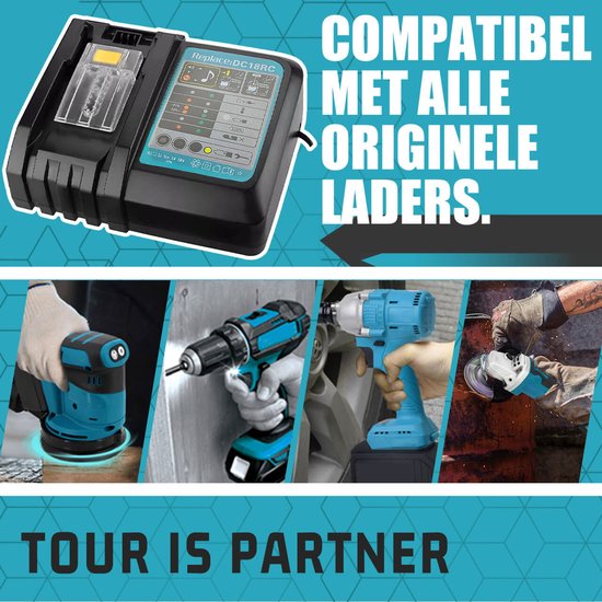 Een Makita acculader, compatibel met originele laders. Twee foto's tonen Makita gereedschappen in gebruik: schuurmachine, boormachine, slagmoersleutel, haakse slijper.