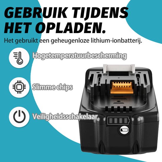 Een Makita 18V Li-ion batterij, van binnenuit getoond, met icoontjes voor hoge temperatuur bescherming, slimme chips en veiligheidsschakelaar.