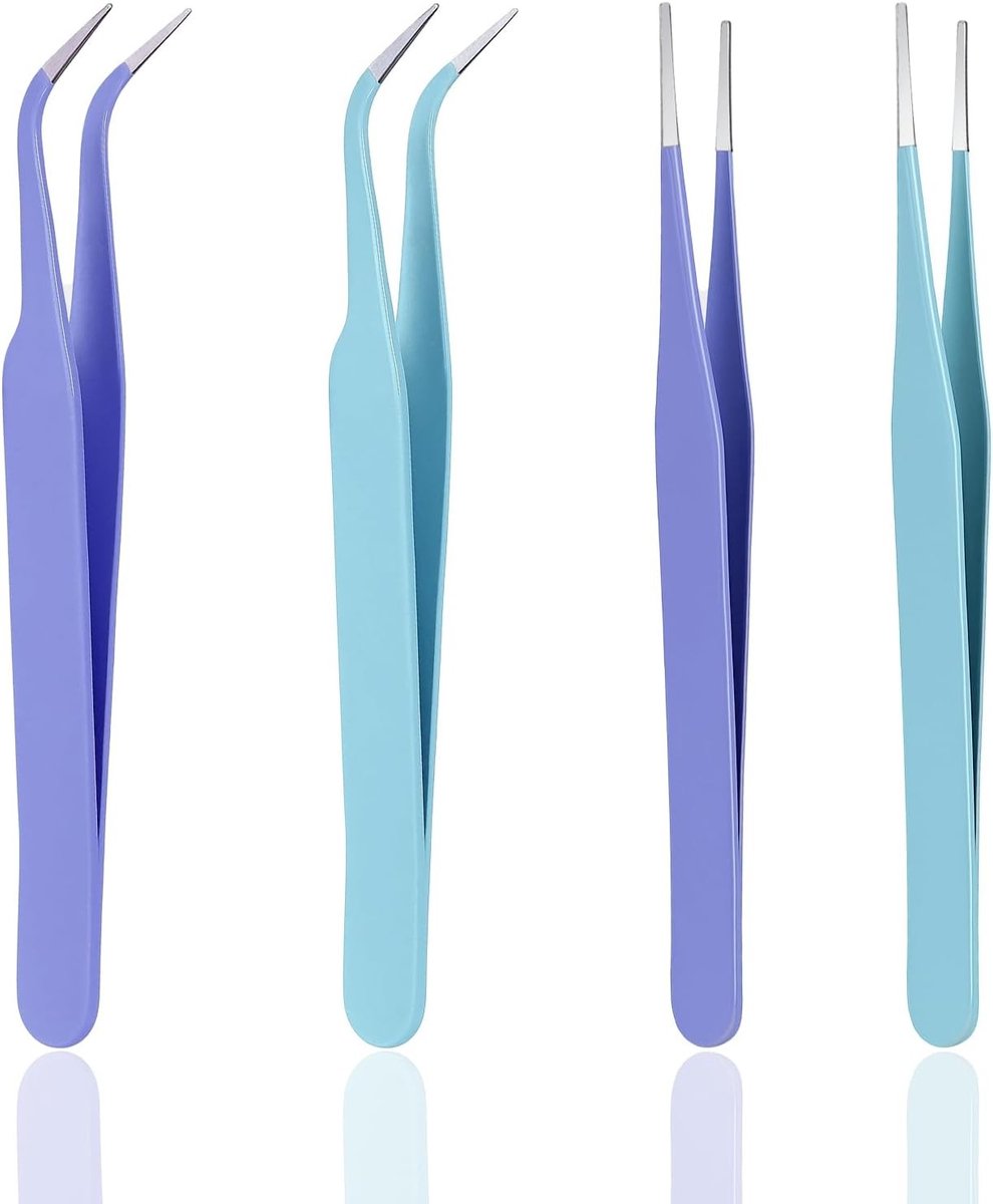 Rechthoekig Wimperpincet met Gebogen Punten voor het Aanbrengen van Valse Wimpers en Schoonheidsroutine, Perfect voor Precisiewerk en Comfortabel Gebruik in Blauw en Paars