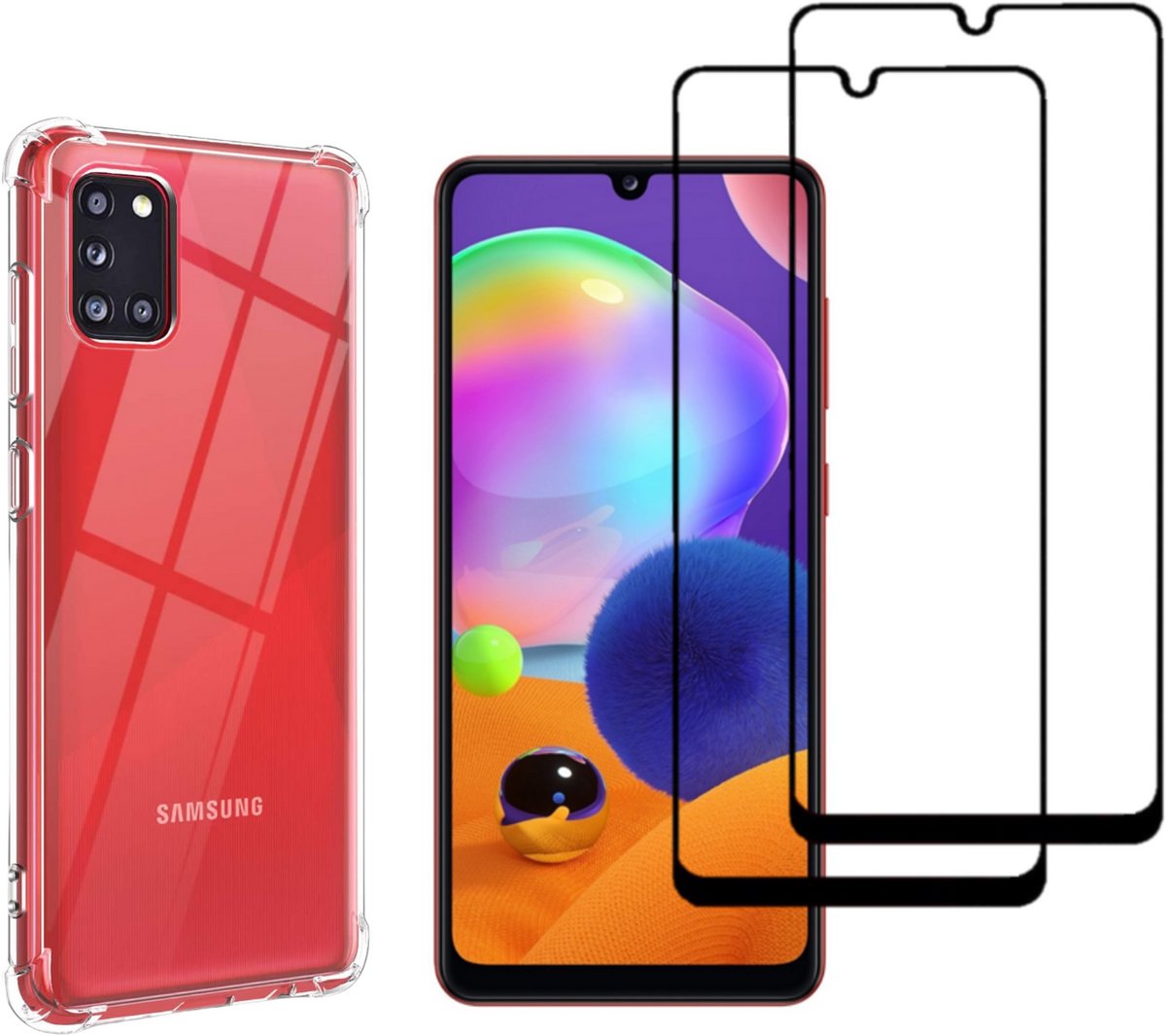 Hoesje geschikt voor Samsung Galaxy A31 backcover Shockproof siliconen Transparant en 2 stuks Screenprotector Gehard Glas Zwart