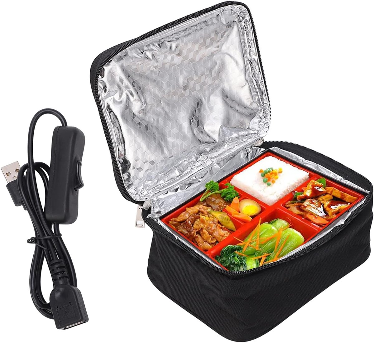 SnelShoppen - Draagbare Oven 12V Voedselverwarmer, Lunchtas USB Opladen, Draagbare Magnetron Aluminium Folie Binnenkant, Verwarmdoos met 2 Verwarmmeth